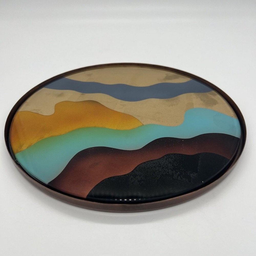 Bloomingville 10" Round Tray Glass on Copper Abstract Mountain Horizon Sunset